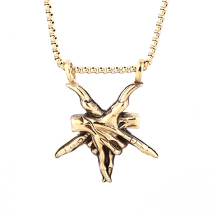 Punk style gold stainless steel necklace with gothic Baphomet goat head pendant on box chain