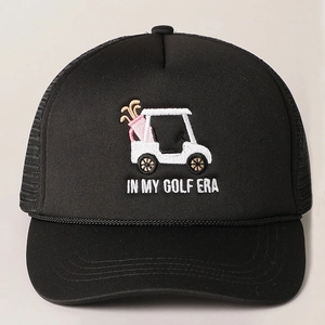 Close-up of car embroidery and mesh back on the black adjustable trucker hat