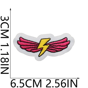 Detail showing dimensions of a pink lightning wing embroidery patch for jackets and bags