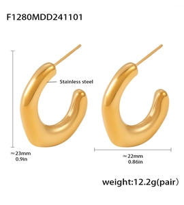 Detailed view of polished chunky C-shape stainless steel earrings with 18k gold plating
