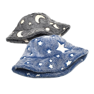Plush bucket hat for women with embroidered moon and stars patterns in dark grey and blue