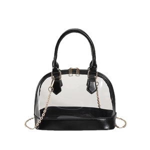 Fashionable transparent PVC shell-shaped crossbody bag with black trim and gold chain strap