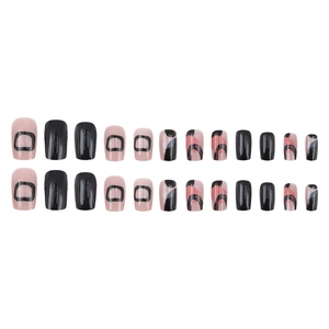 Pink and black press-on nails with irregular lines and trendy minimalist square-oval design