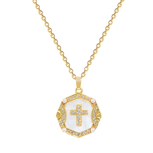 Elegant gold titanium steel necklace featuring a pearl-studded diamond cross pendant