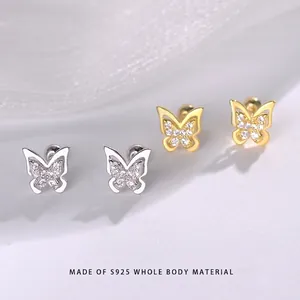 925 Sterling Silver Butterfly Stud Earrings For Women Double Layer Rhinestone Inlaid Sweet Style Screw Ball Back Earrings Jewelry Gift