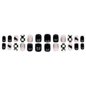 Short square press-on nails set with black and white checkerboard and glitter designs