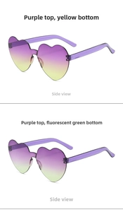 Detail view of heart-shaped rimless sunglasses featuring purple and yellow gradient lenses