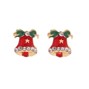 Close-up of Christmas bell earrings with red lacquer, green bow, and sparkling crystals