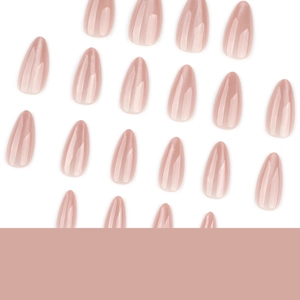 Short almond nude pink cat eye press-on nails with shimmering gradient finish
