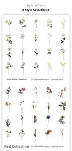 Detail of vintage PET floral stickers featuring white and scarlet plant motifs in 40-piece packs