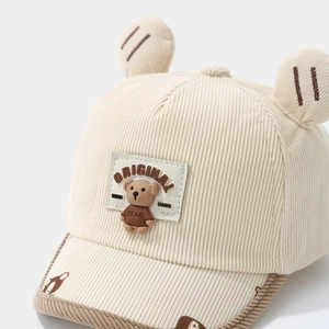 Beige baby corduroy baseball cap with cute 3D bear ears and animal patch for toddlers