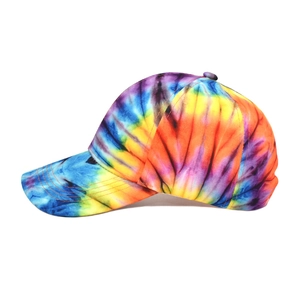 Detail view of colorful tie-dye baseball cap with vibrant multi-color 3D printing pattern