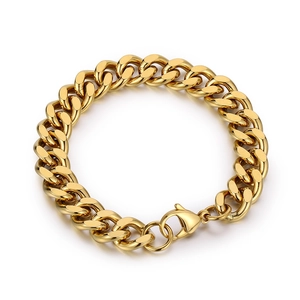 Classic golden stainless steel Cuban link bracelet with lobster clasp on white background