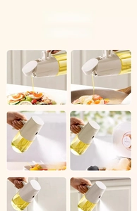 Detailed views of dual-use glass oil sprayer for salad, frying, BBQ and air frying