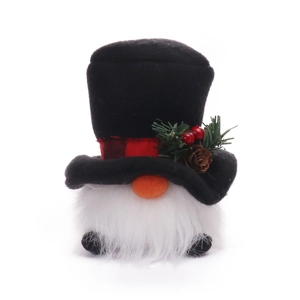 Christmas gnome plush with black top hat, red plaid ribbon, pine cones and warm lights