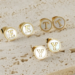 18K gold plated stainless steel letter earrings featuring white shell inlay on stone