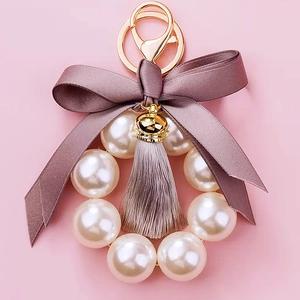 Elegant Bowknot Artificial Pearl Tassel Keychain Metal Alloy Key Ring Women Bag Pendant Korean Style Accessory