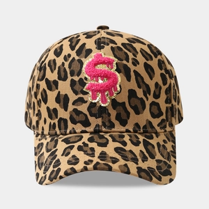 Leopard print baseball cap featuring pink towel embroidery dollar sign and gold glitter