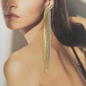 Detail of gold layered tassel earrings with sparkling rhinestones on model poster