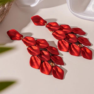 Elegant red acrylic pleated rose flower petal tassel earrings with gold metal rings