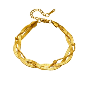 Golden multi-layer braided snake chain bracelet with adjustable clasp and round beads