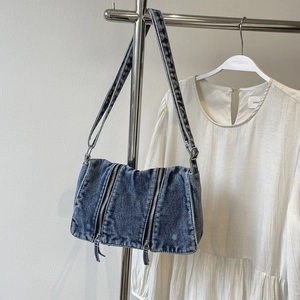 Retro Denim Crossbody Bag For Women Washed Denim Shoulder Tote With Vertical Zippers And Adjustable Strap Casual Style