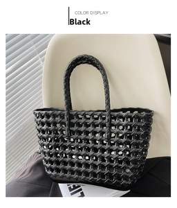Detail of black hollow woven jelly tote bag showing high-gloss PVC grid pattern and ring handle