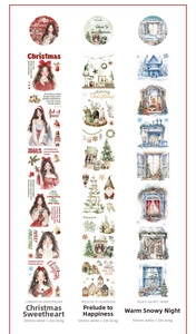 Dettaglio del nastro PET natalizio da 50mm con illustrazioni festive e scene di neve bianca