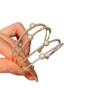 French style double-layer gold open bangle with sparkling zircons and white pearls