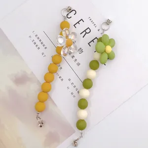 Acrylic painted flower beaded lanyards with silver rings for phones or DIY jewelry