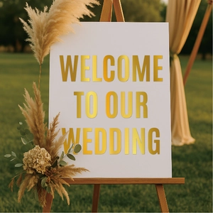Close-up of gold vinyl lettering sticker on a wooden welcome sign for outdoor weddings
