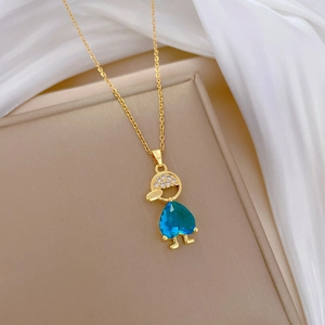 Luxury gold titanium steel necklace with blue heart pendant and sparkling crystals