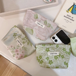 Jacquard Floral Pouch Mini Canvas Fabric Bag Zipper Closure Cosmetic Lipstick Storage Small Organizer For Women Sweet Fresh Style