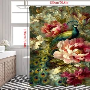 Duschvorhang mit Pfauen- und Blumenmuster inklusive Maßangabe von 180cm für Badezimmer
