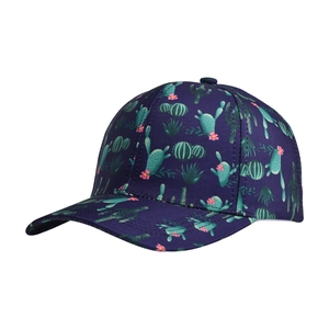 Detail view of the stitching and cactus print on the dark blue baseball cap crown