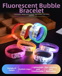 Close-up of LED acrylic bubble bracelets in seven colors with vibrant glowing light effects