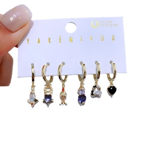 6-piece gold earring set with colorful zircon stones and whimsical animal heart charms