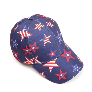 Detail of USA flag pattern with stars and stripes on a navy blue cotton baseball cap