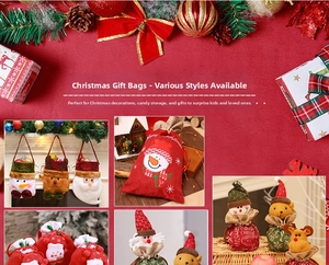 Close-up of festive Christmas gift bags with snowman, reindeer and Santa embroidery