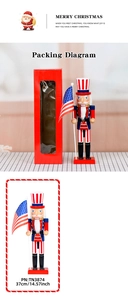 Detailed view of 37cm Uncle Sam nutcracker with US flag and its display window packaging