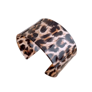 Acrylic leopard print wide open cuff bracelet with glossy tortoiseshell finish