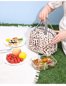 Gros plan détaillé du sac à déjeuner thermique léopard sur l'herbe lors d'un pique-nique