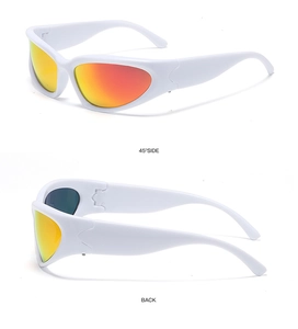 White sports sunglasses with orange gradient lenses shown in 45-degree and back views