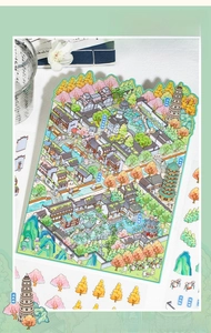 Macro shot of 3D DIY stickers featuring Suzhou garden landmarks and floral scenery