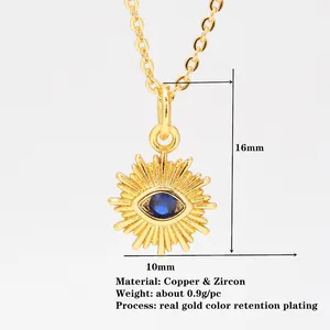 Gold evil eye sunflower necklace pendant with blue zircon and 16mm size details