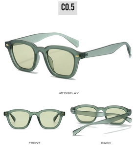Multi-angle views of matte green square sunglasses with yellow lenses and gold rivets