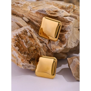 Detailed view of square 18k gold plated stainless steel earrings on a natural stone base