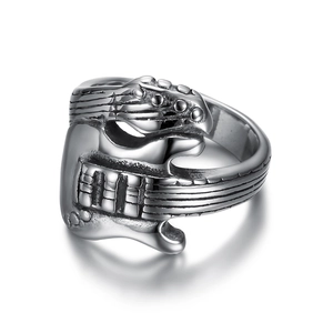 Retro stainless steel electric guitar ring with vintage finish in rock punk style