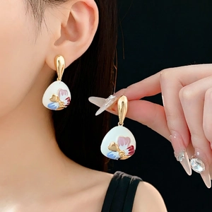 Vintage French Style Floral Enamel Drop Earrings With Rhinestone Silver Earring Post Elegant Palace Jewelry For Women