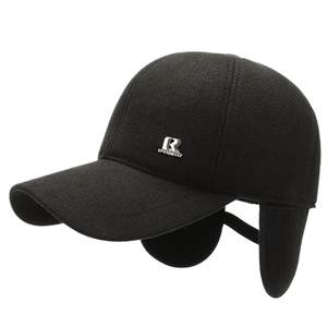 Winter men's wool baseball cap with ear flaps and silver R SPORT BEST metal logo